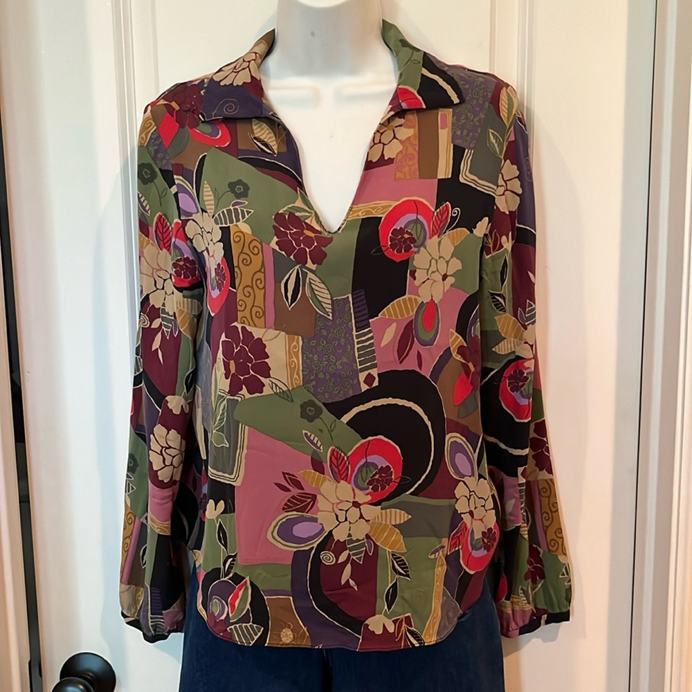VTG AUGUST MAX STRETCH SILK Y2K BOHO BLOOM JOHNNY COLLAR BLOUSE MED / LARGE